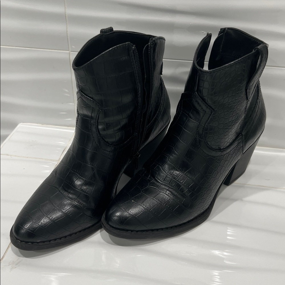 Sugar Black Croc-Embossed Ankle Boots